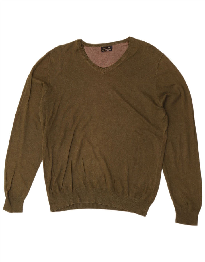 Massimo Dutti Mens V-Neck Jumper Sweater Medium Khaki Cotton