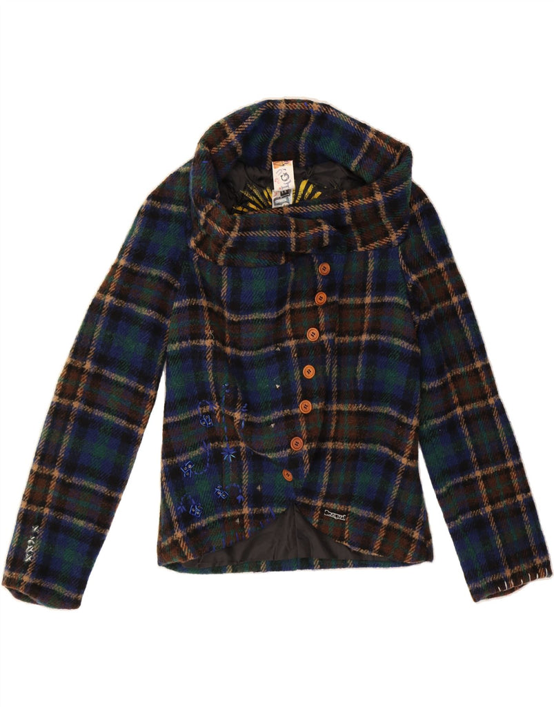 DESIGUAL Womens Overcoat EU 42 Large Navy Blue Check Vintage Desigual and Second-Hand Desigual from Messina Hembry 