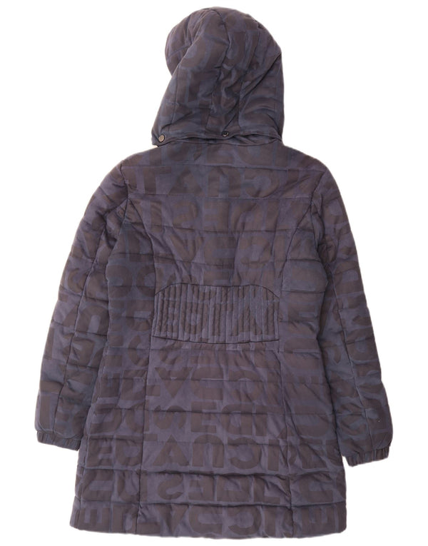 Desigual Womens Graphic Hooded Padded Coat EU 40 Medium Navy Blue Polyester