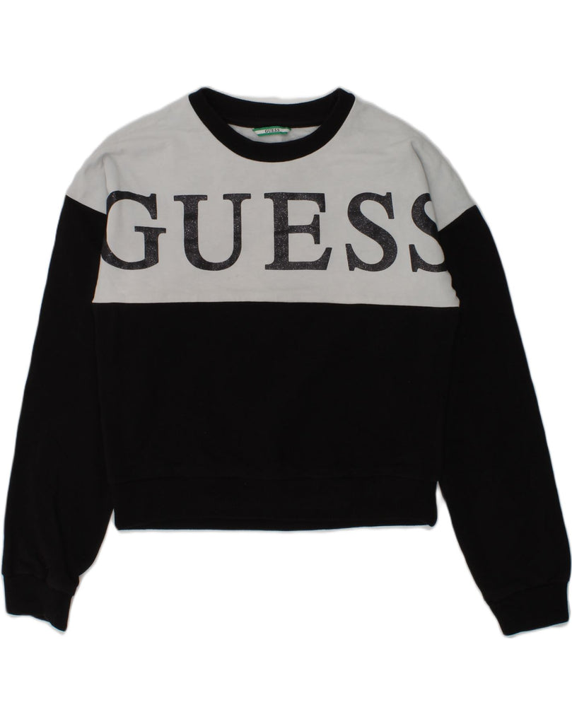 GUESS Girls Graphic Sweatshirt Jumper 7-8 Years Black Colourblock Cotton | Vintage Guess | Thrift | Second-Hand Guess | Used Clothing | Messina Hembry 