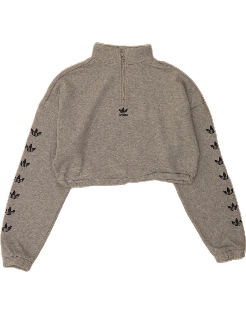 ADIDAS Womens Oversized Graphic Crop Sweatshirt Jumper UK 10 Small Grey Vintage Adidas and Second-Hand Adidas from Messina Hembry 