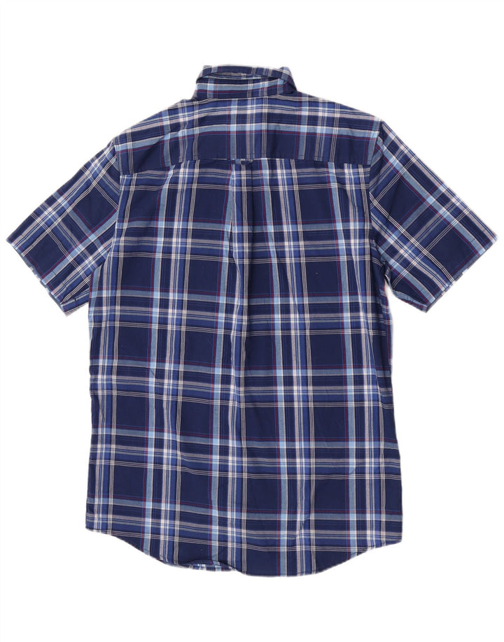 Chaps Mens Easy Care Short Sleeve Shirt Small Navy Blue Plaid Cotton