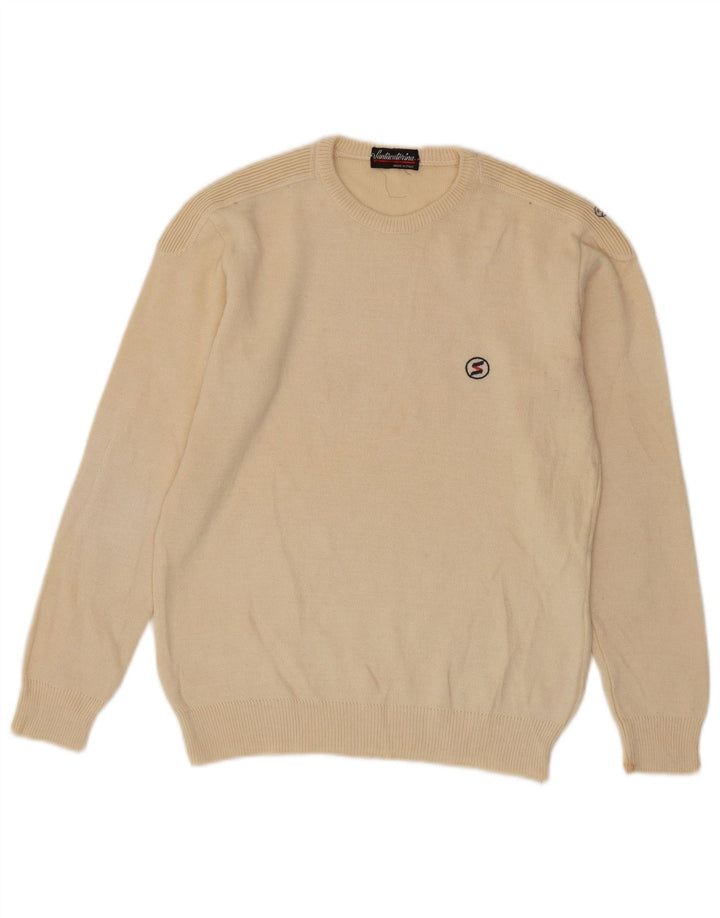 VINTAGE Mens Crew Neck Jumper Sweater Small Beige
