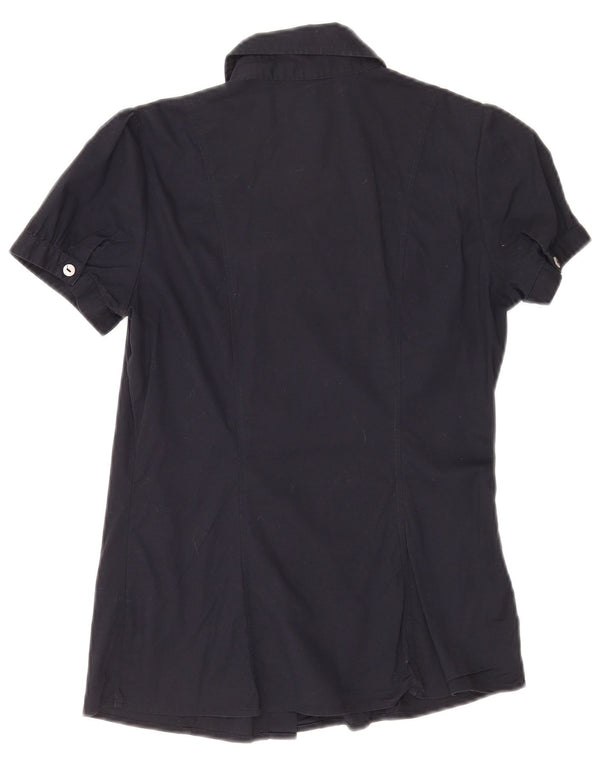 Benetton Womens Short Sleeve Shirt UK 10 Small Navy Blue Cotton