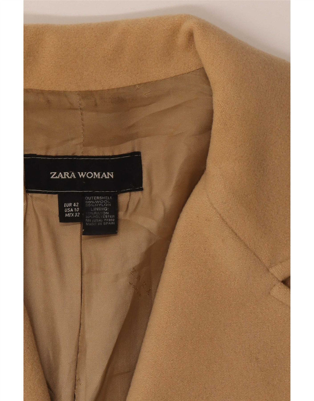 Zara Womens Overcoat EU 42 Large Beige Wool