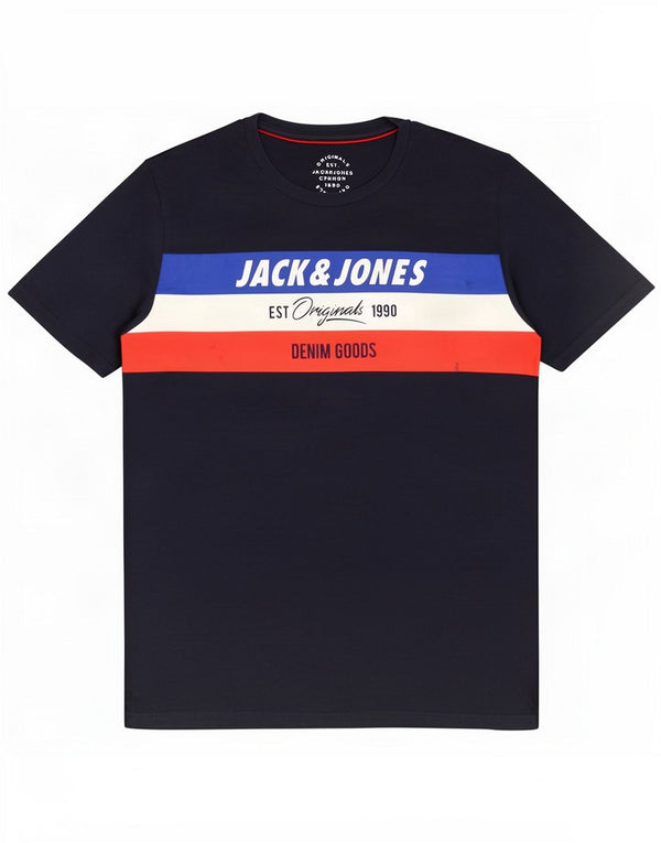 Jack & Jones Mens Graphic T-Shirt Top Medium Navy Blue Colourblock Cotton
