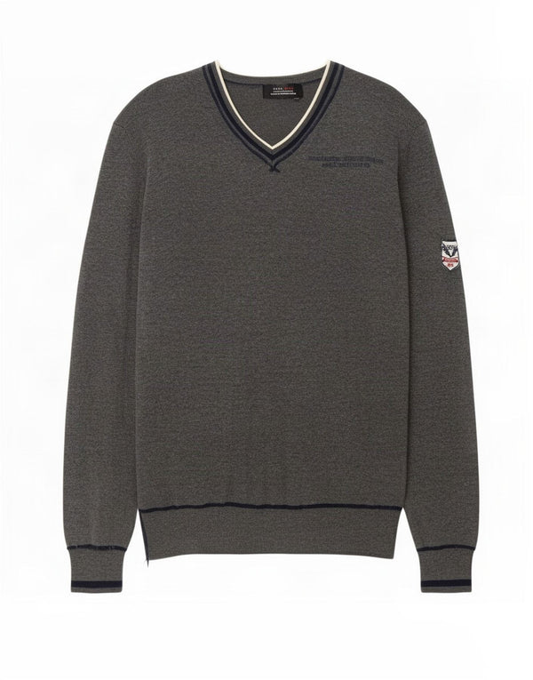 Zara Mens Graphic V-Neck Jumper Sweater Medium Grey