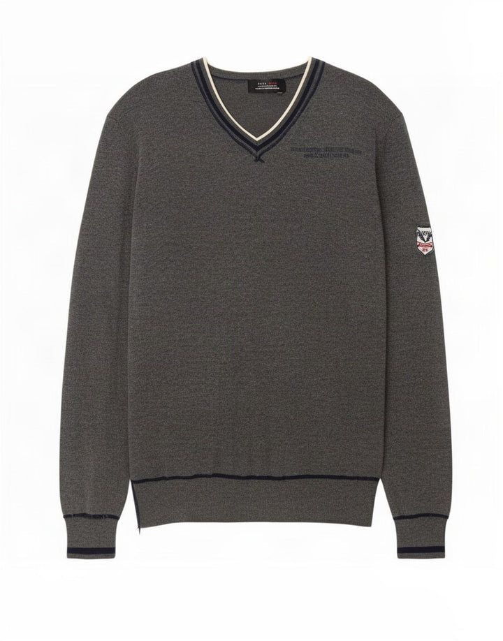 Zara Mens Graphic V-Neck Jumper Sweater Medium Grey