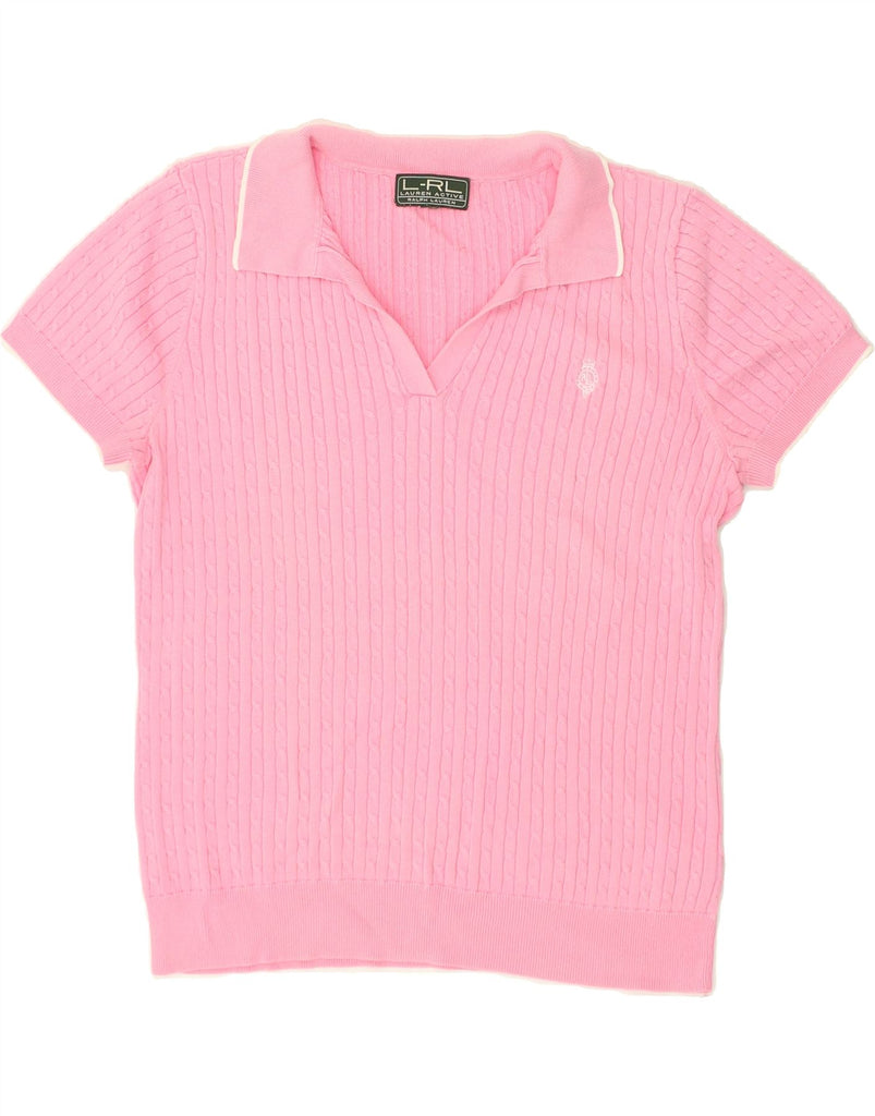 RALPH LAUREN Womens Short Sleeve Polo Neck Jumper Sweater UK 16 Large Pink | Vintage Ralph Lauren | Thrift | Second-Hand Ralph Lauren | Used Clothing | Messina Hembry 