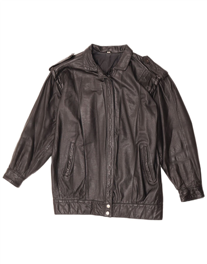 Vintage Womens Military Leather Jacket UK 12 Medium Black Leather