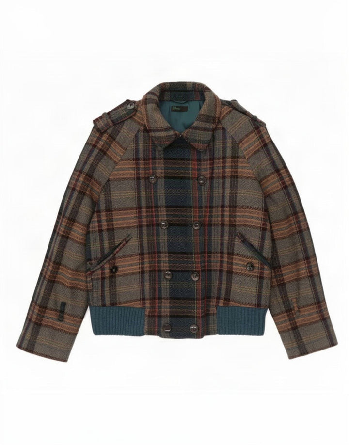 Benetton Womens Military Bomber Jacket IT 46 Large Green Check Wool