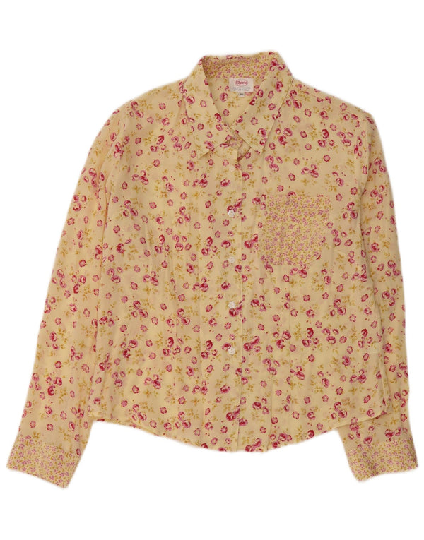 CHERIE Womens Shirt Blouse IT 46 Large Yellow Floral Silk