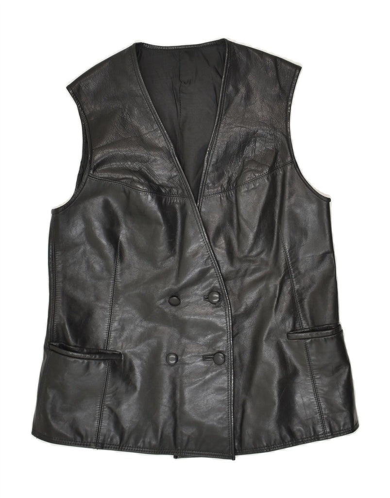 VINTAGE Womens Double Breasted Leather Gilet UK 14 Large Black | Vintage Vintage | Thrift | Second-Hand Vintage | Used Clothing | Messina Hembry 