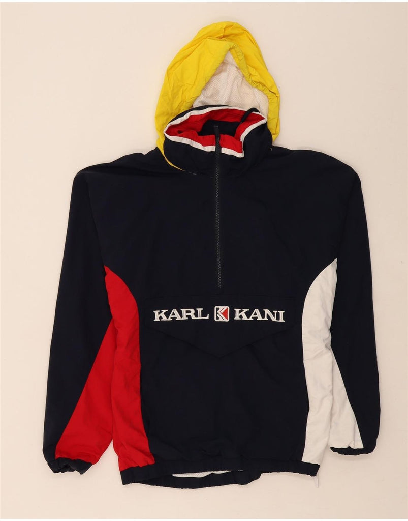 KARL KANI Mens Graphic Hooded Anorak Jacket UK 34 XS Navy Blue Colourblock Vintage Karl Kani and Second-Hand Karl Kani from Messina Hembry 