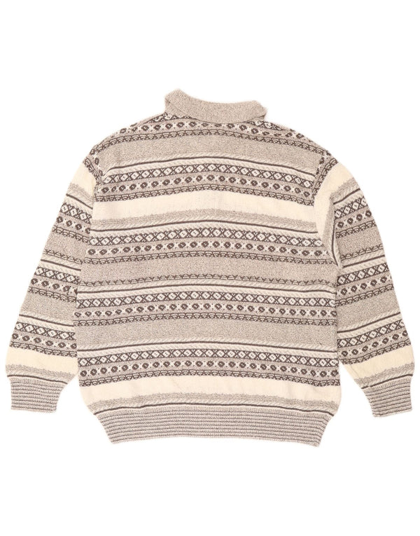 Malagrida Mens Polo Neck Jumper Sweater Large Grey Fair Isle Cotton