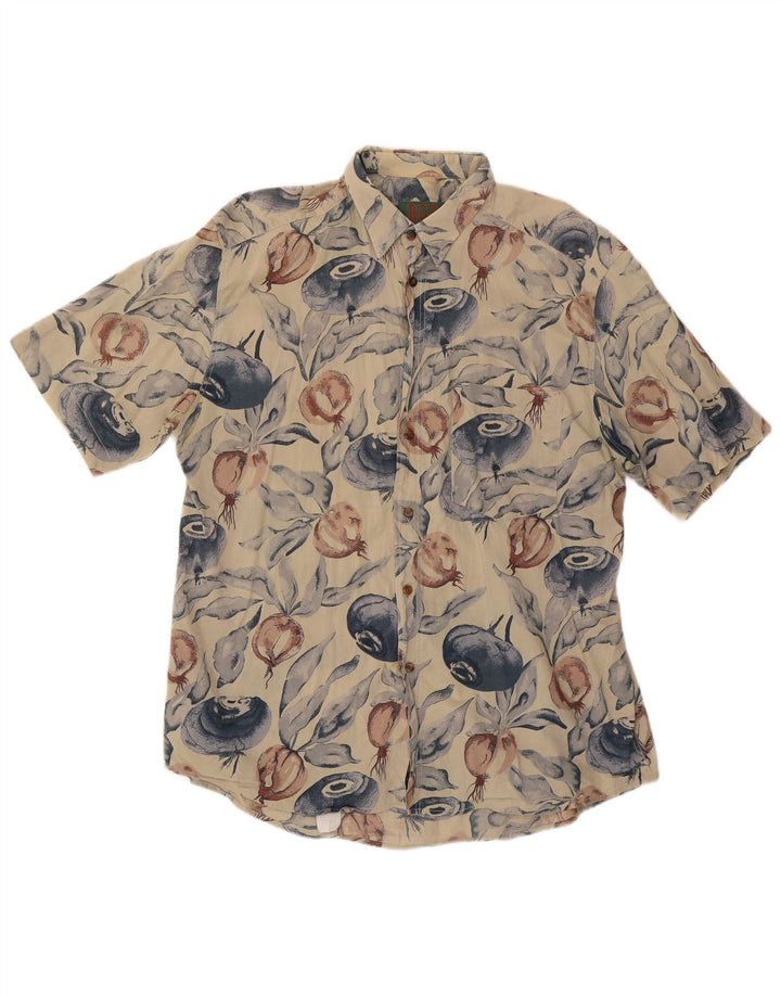 Vintage Mens Abstract Pattern Short Sleeve Shirt Large Beige Cotton