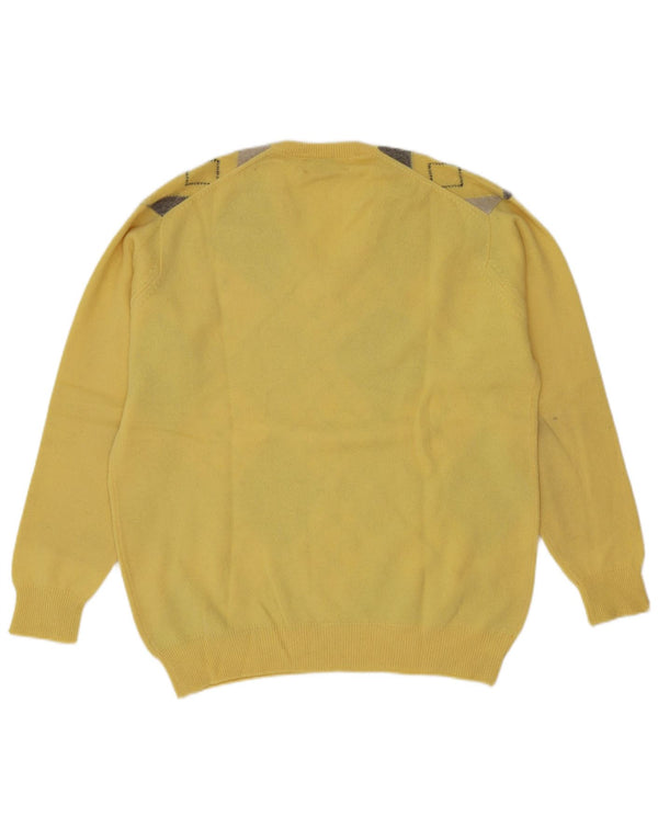 Braemar Mens V-Neck Jumper Sweater UK 46 XL Yellow Argyle/Diamond Lambswool
