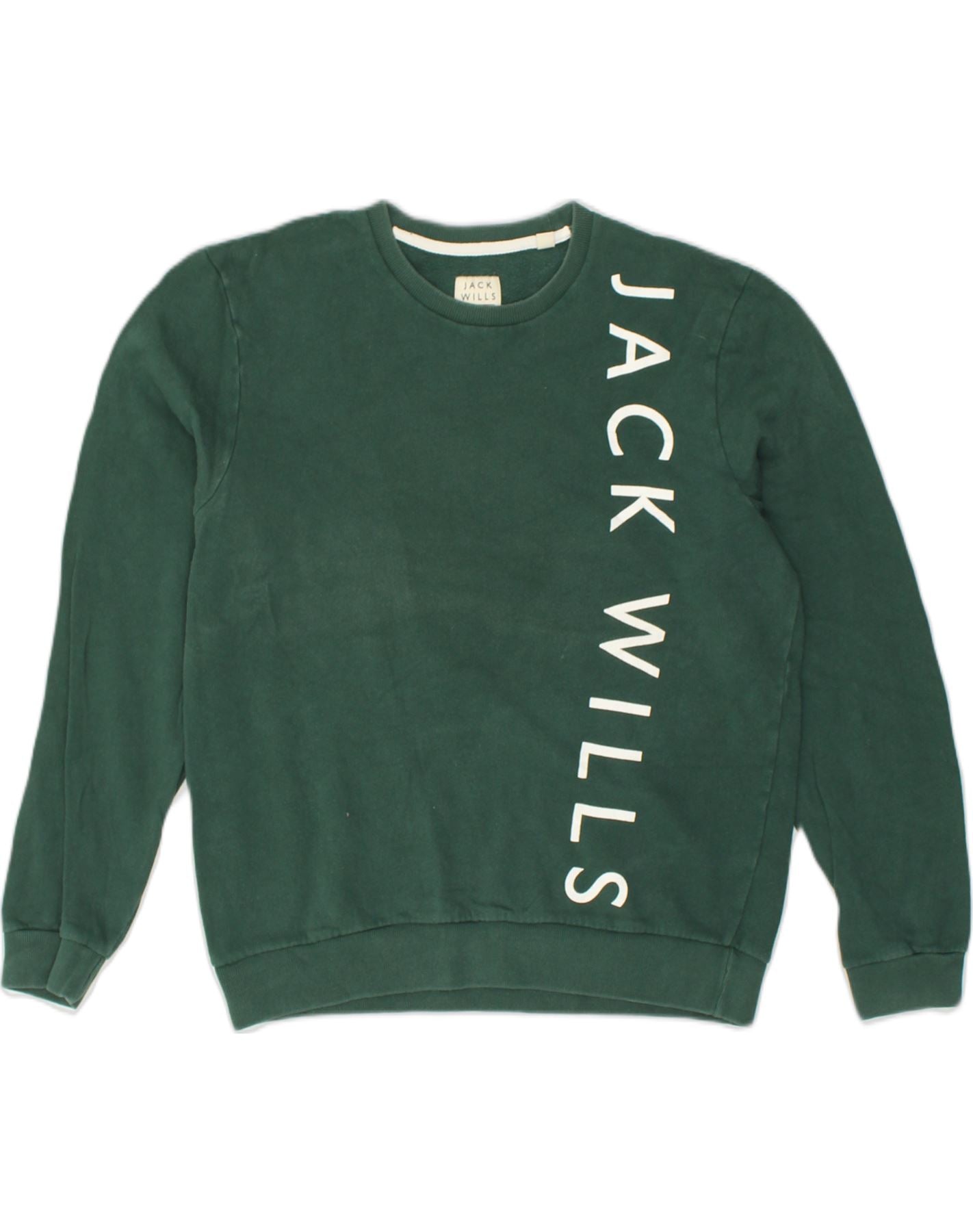 JACK WILLS Mens Graphic Sweatshirt Jumper Medium Green Cotton Vintage Second Hand Clothing Online Messina Hembry