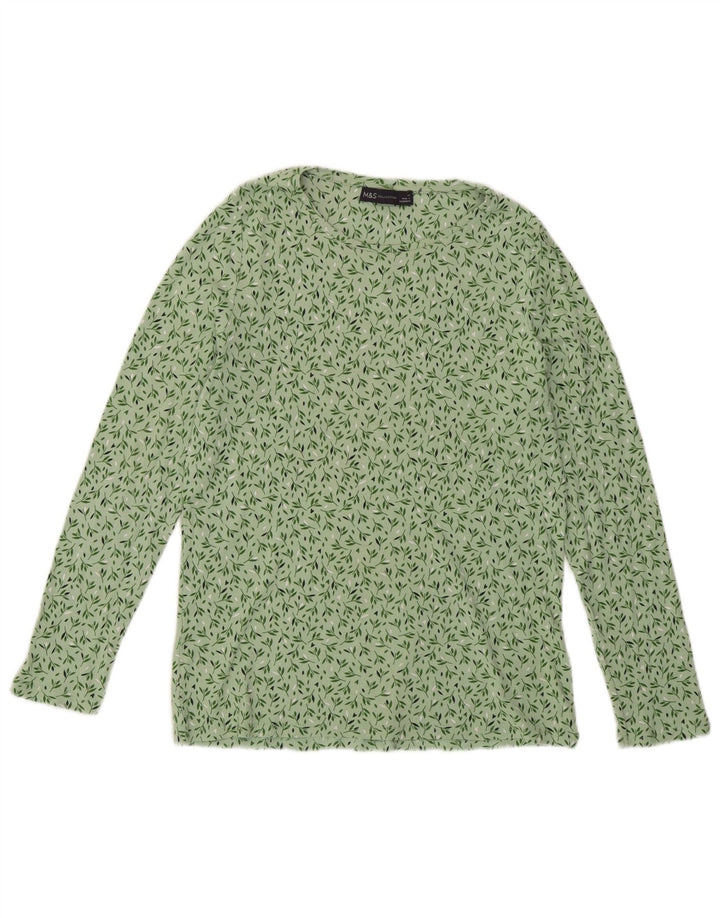 Marks & Spencer Womens Top Long Sleeve UK 14 Medium Green Floral Cotton