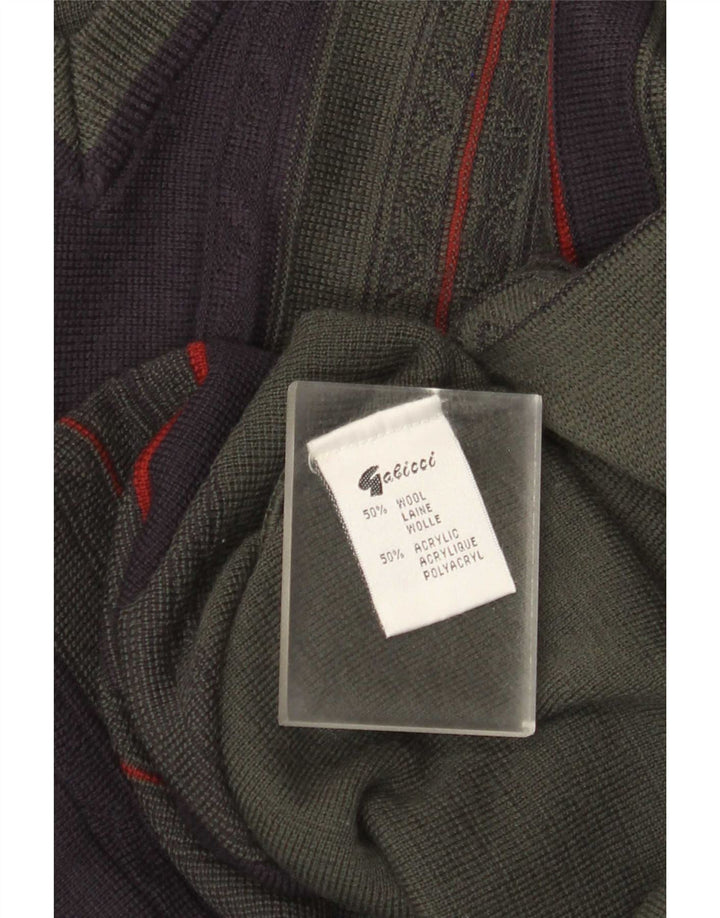 Gabicci Mens V-Neck Jumper Sweater Medium Khaki Colourblock Wool