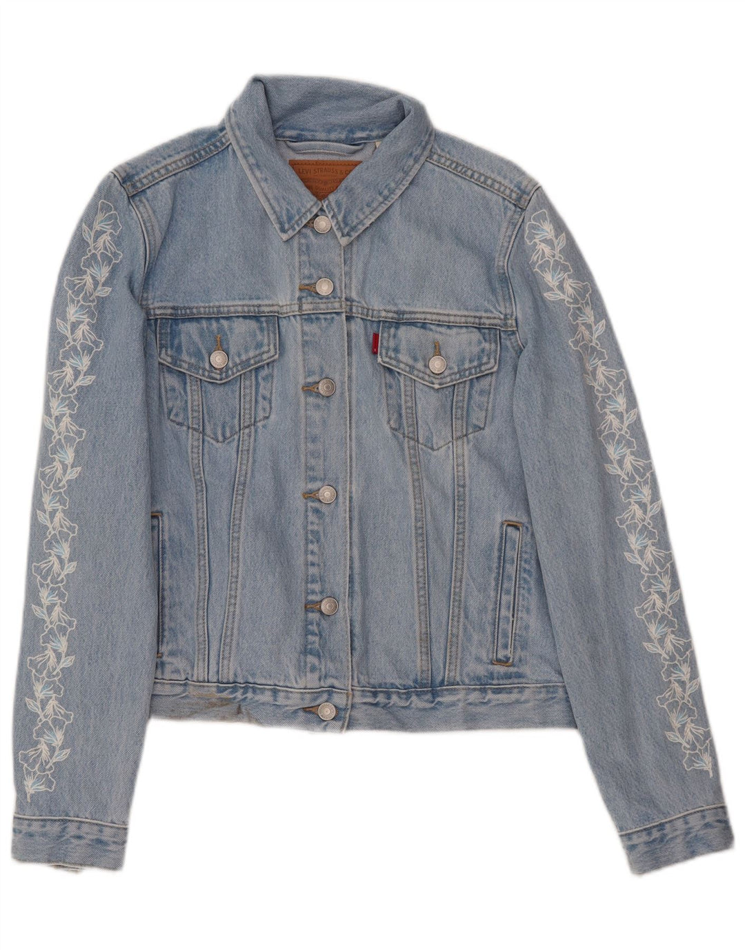 Levi's Womens Crop Denim Jacket UK 16 Large Blue Floral Cotton