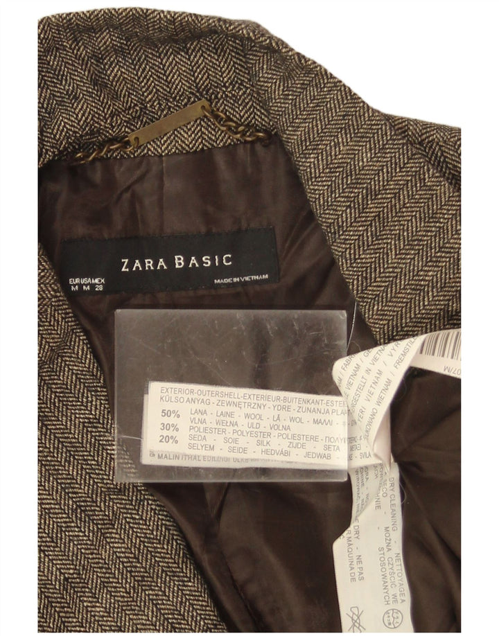 Zara Womens 1 Button Blazer Jacket UK 12 Medium Brown Herringbone Wool