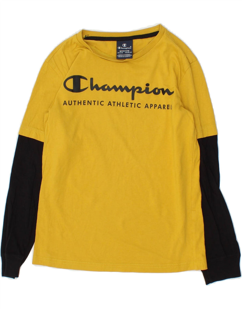 CHAMPION Boys Graphic Top Long Sleeve 9-10 Years Medium Yellow Colourblock | Vintage Champion | Thrift | Second-Hand Champion | Used Clothing | Messina Hembry 