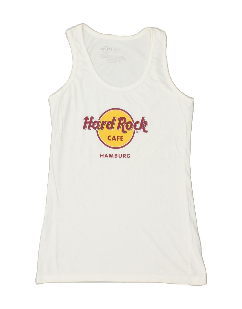 HARD ROCK CAFE Womens Hamburg Graphic Vest Top UK 14 Medium White Cotton | Vintage Hard Rock Cafe | Thrift | Second-Hand Hard Rock Cafe | Used Clothing | Messina Hembry 