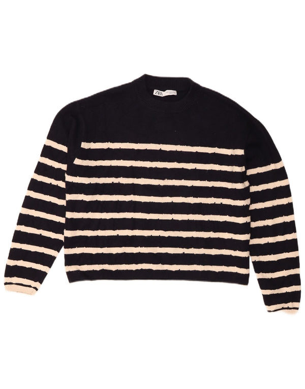 Zara Womens Crew Neck Jumper Sweater UK 10 Small Navy Blue Striped