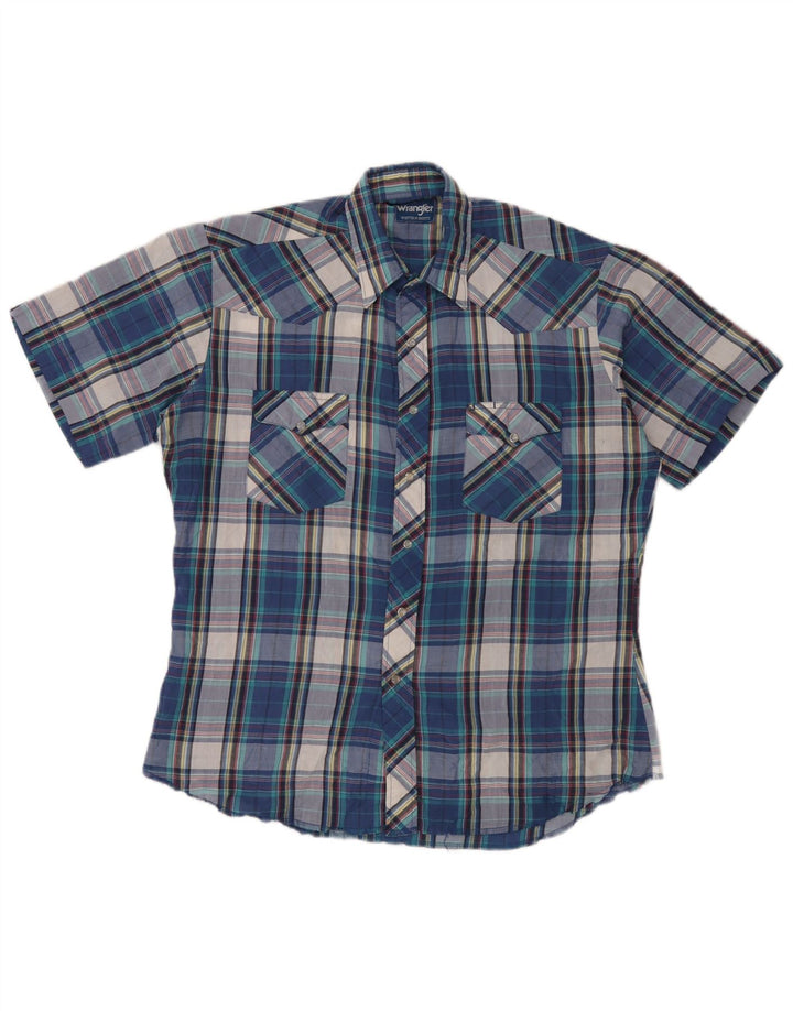 Wrangler Mens Short Sleeve Ruffle Front Shirt Large Blue Plaid