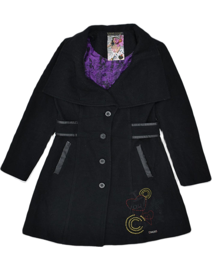 DESIGUAL Womens Belted Overcoat EU 38 Small Black Wool | Vintage | Thrift | Second-Hand | Used Clothing | Messina Hembry 