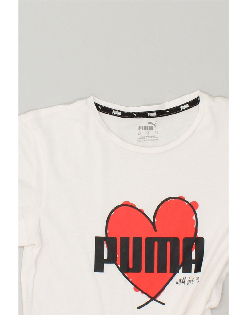 PUMA Womens Graphic T-Shirt Top UK 6 XS White | Vintage Puma | Thrift | Second-Hand Puma | Used Clothing | Messina Hembry 