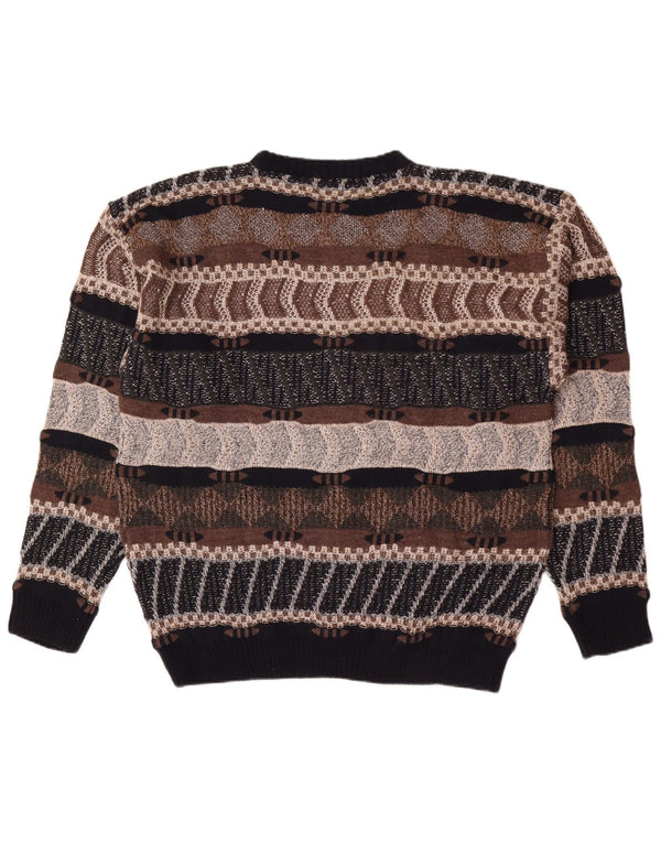 Vintage Mens Crew Neck Jumper Sweater 2XL Brown Striped Acrylic