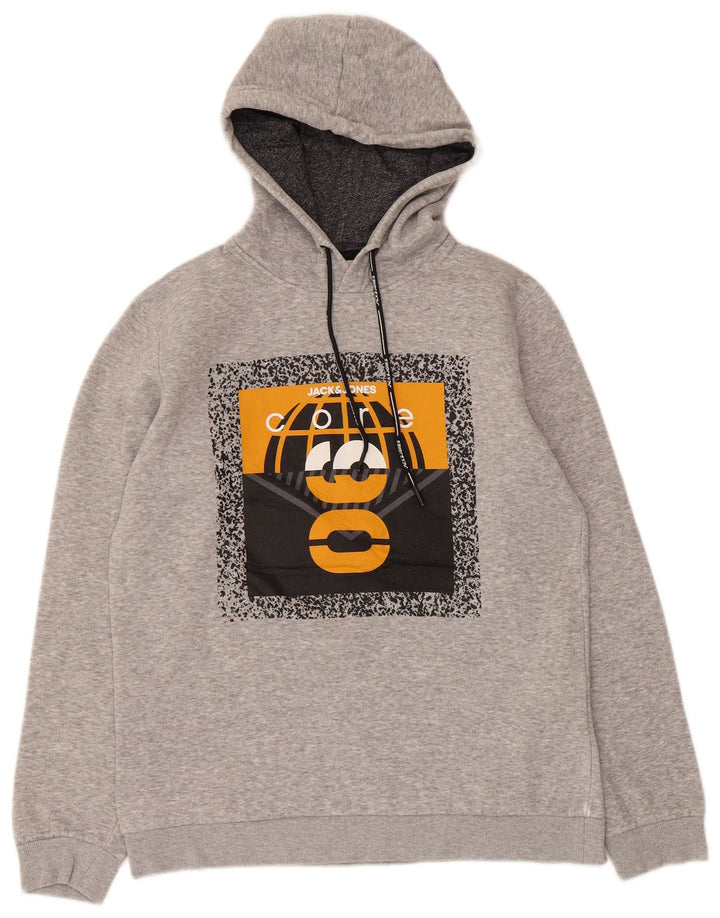 Jack & Jones Mens Graphic Hoodie Jumper Medium Grey Flecked Cotton