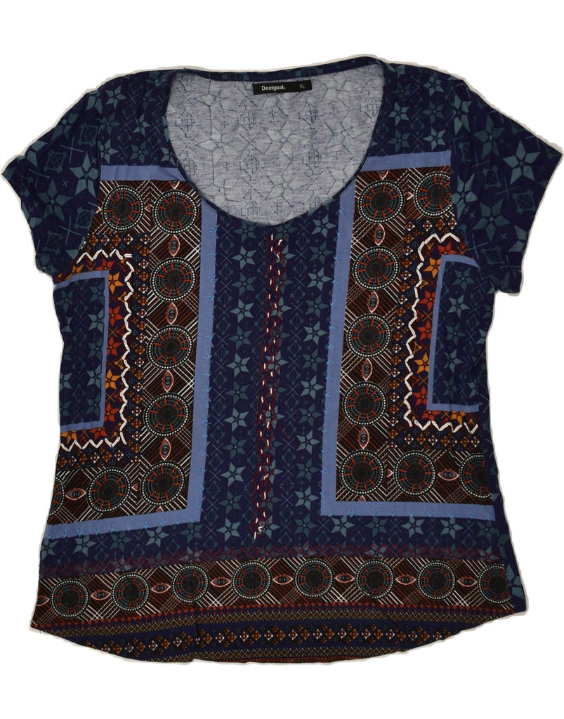 DESIGUAL Womens Graphic T-Shirt Top UK 18 XL Navy Blue Geometric Viscose | Vintage Desigual | Thrift | Second-Hand Desigual | Used Clothing | Messina Hembry 