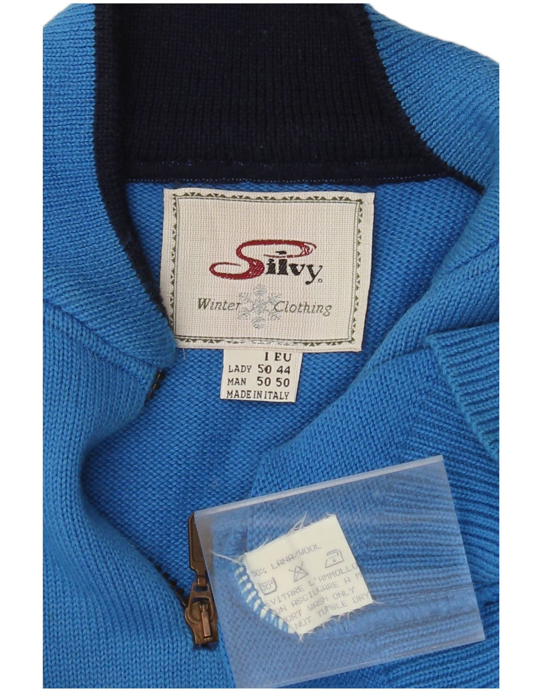 SILVY Mens Graphic Zip Neck Jumper Sweater IT 50 Medium Blue Colourblock