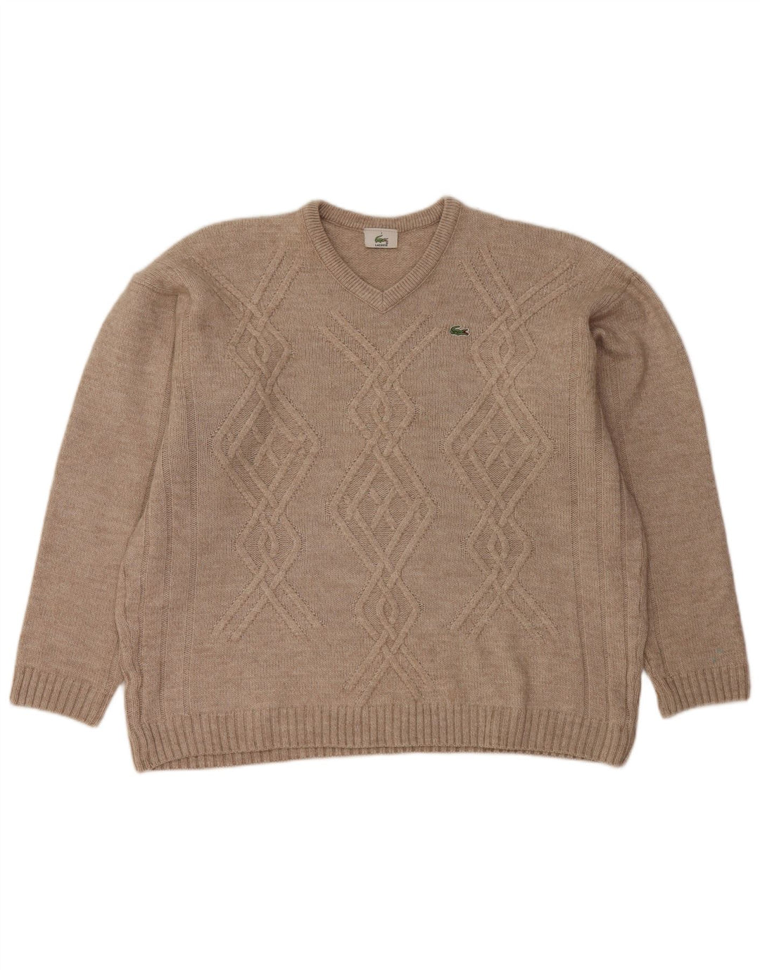 LACOSTE Mens V-Neck Jumper Sweater Size 7 2XL Beige Wool