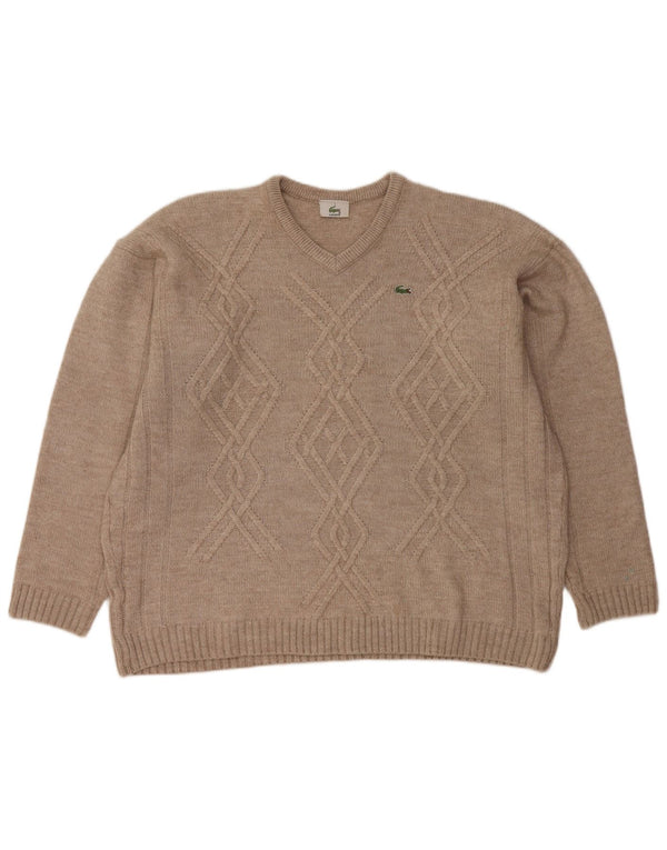 LACOSTE Mens V-Neck Jumper Sweater Size 7 2XL Beige Wool