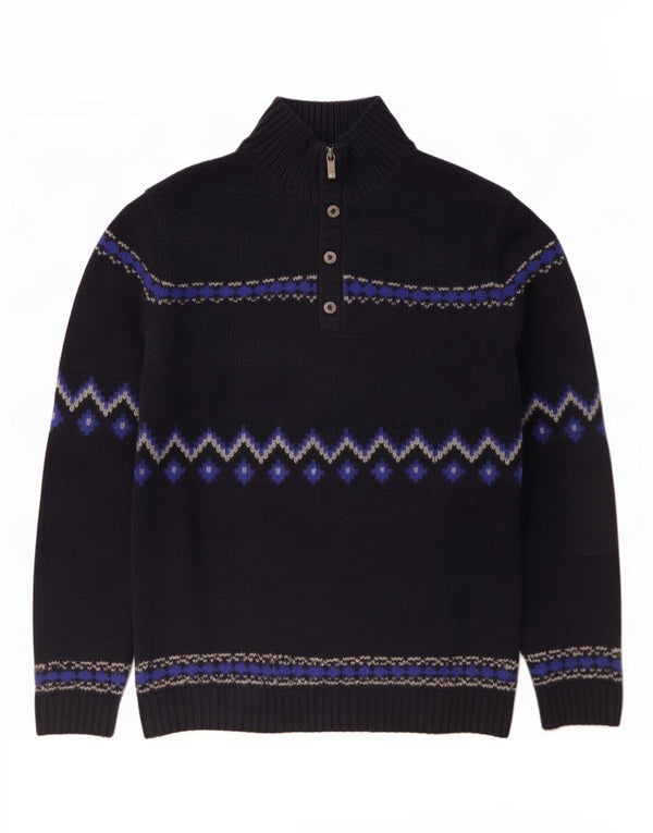 Massimo Dutti Mens Button Neck Jumper Sweater Large Navy Blue Fair Isle
