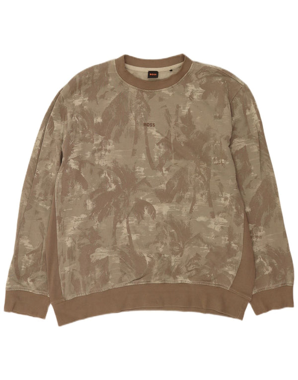 Hugo Boss Mens Graphic Sweatshirt Jumper 2XL Khaki Cotton Hawaiian