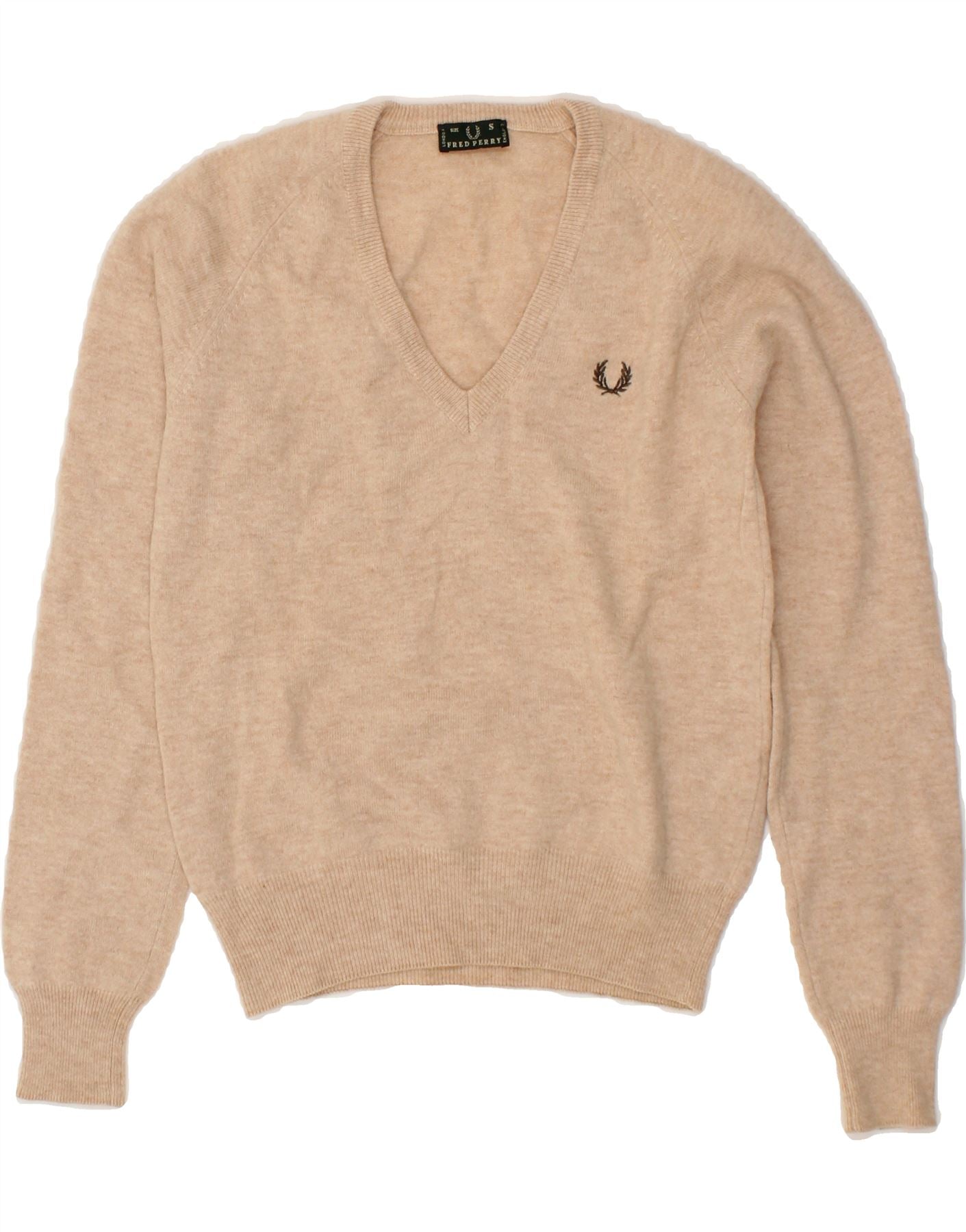 FRED PERRY Womens V Neck Jumper Sweater UK 10 Small Beige Wool Vintage Second Hand Clothing Online Messina Hembry