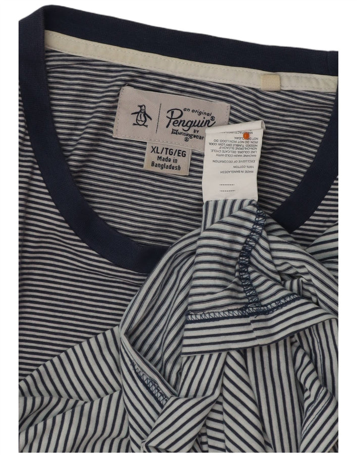 PENGUIN Mens Tall T-Shirt Top XL Navy Blue Striped Cotton