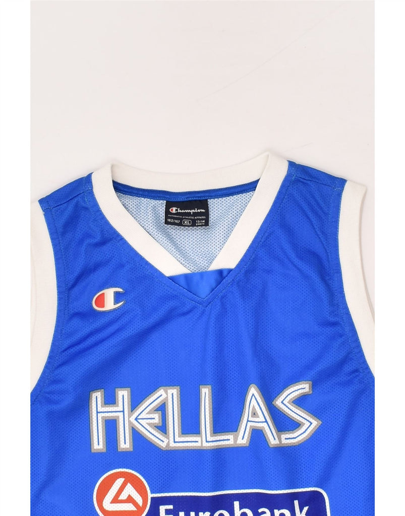 CHAMPION Boys Graphic Vest Top 13-14 Years XL Blue Polyester | Vintage Champion | Thrift | Second-Hand Champion | Used Clothing | Messina Hembry 