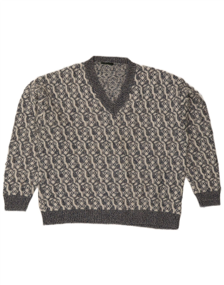 Vintage Mens V-Neck Jumper Sweater Large Grey Geometric Wool