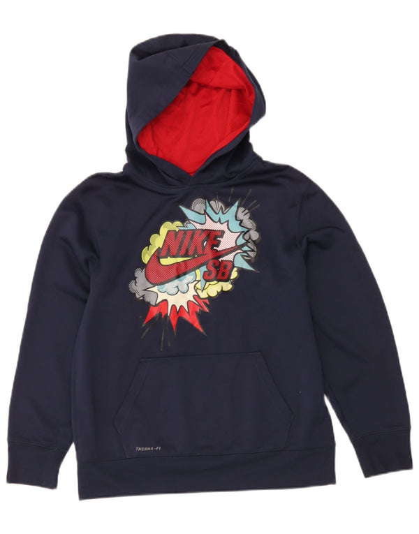 Nike Boys Therma-Fit Graphic Hoodie Jumper 12-13 Years Large Navy Blue