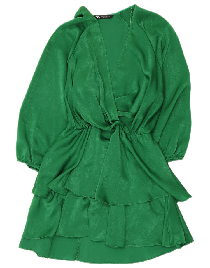 Zara Womens 3/4 Sleeve Tiered Dress UK 10 Small Green Polyester