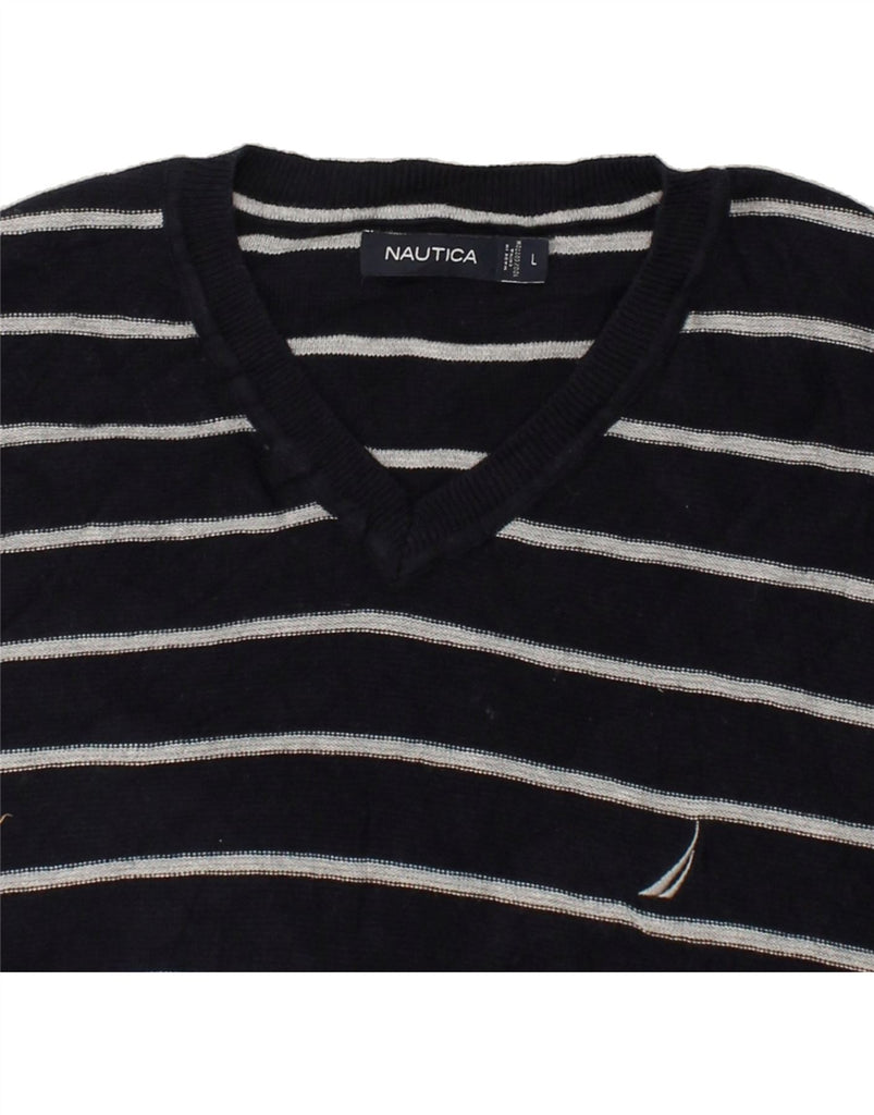 NAUTICA Mens V-Neck Jumper Sweater Large Navy Blue Striped Cotton | Vintage Nautica | Thrift | Second-Hand Nautica | Used Clothing | Messina Hembry 