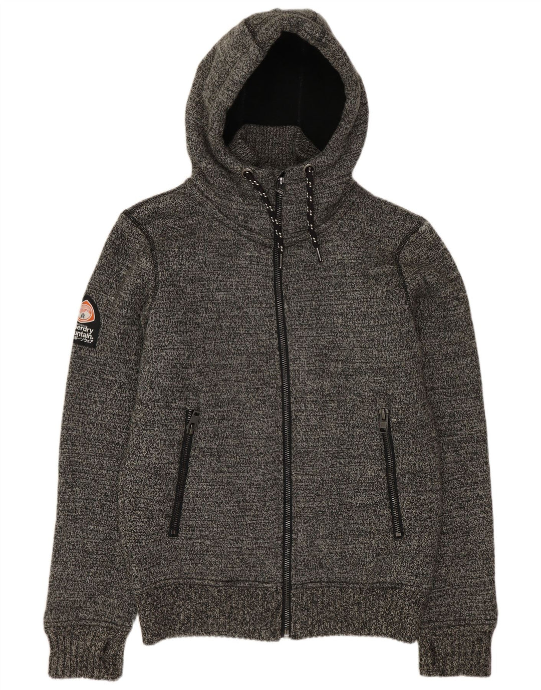 SUPERDRY Mens Graphic Hooded Cardigan Sweater Medium Grey Flecked Acrylic