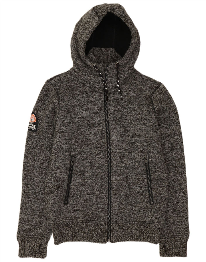 SUPERDRY Mens Graphic Hooded Cardigan Sweater Medium Grey Flecked Acrylic