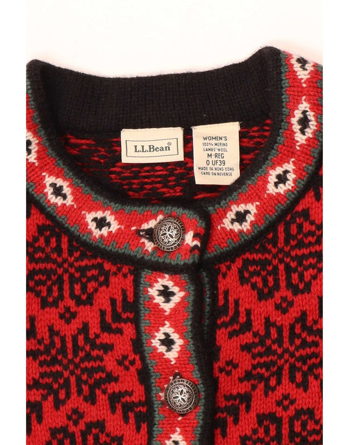 L.L.Bean Womens Cardigan Sweater UK 14 Medium Red Fair Isle Wool